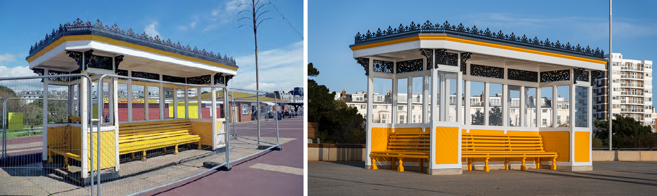 Yellow shelters before restoration (left) and after (right)